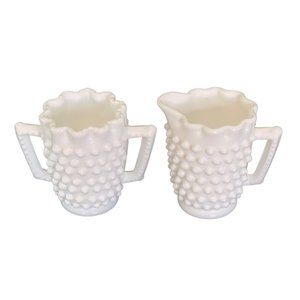 Fenton Creamer Sugar Hobnail Milk Glass Daisy Button Pattern 3" x 3.5" Vintage